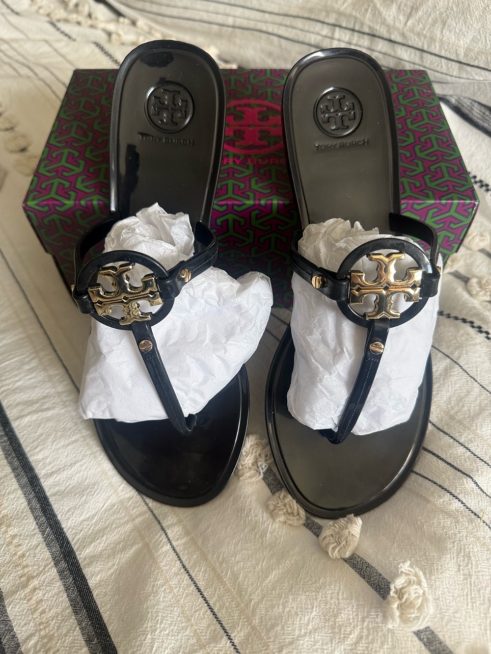 Tory Burch Black Patent Logo Thong Sandals with Gold Medallions